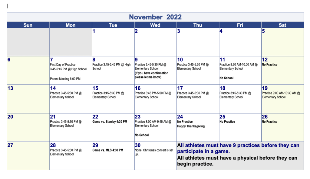 November practice schedule